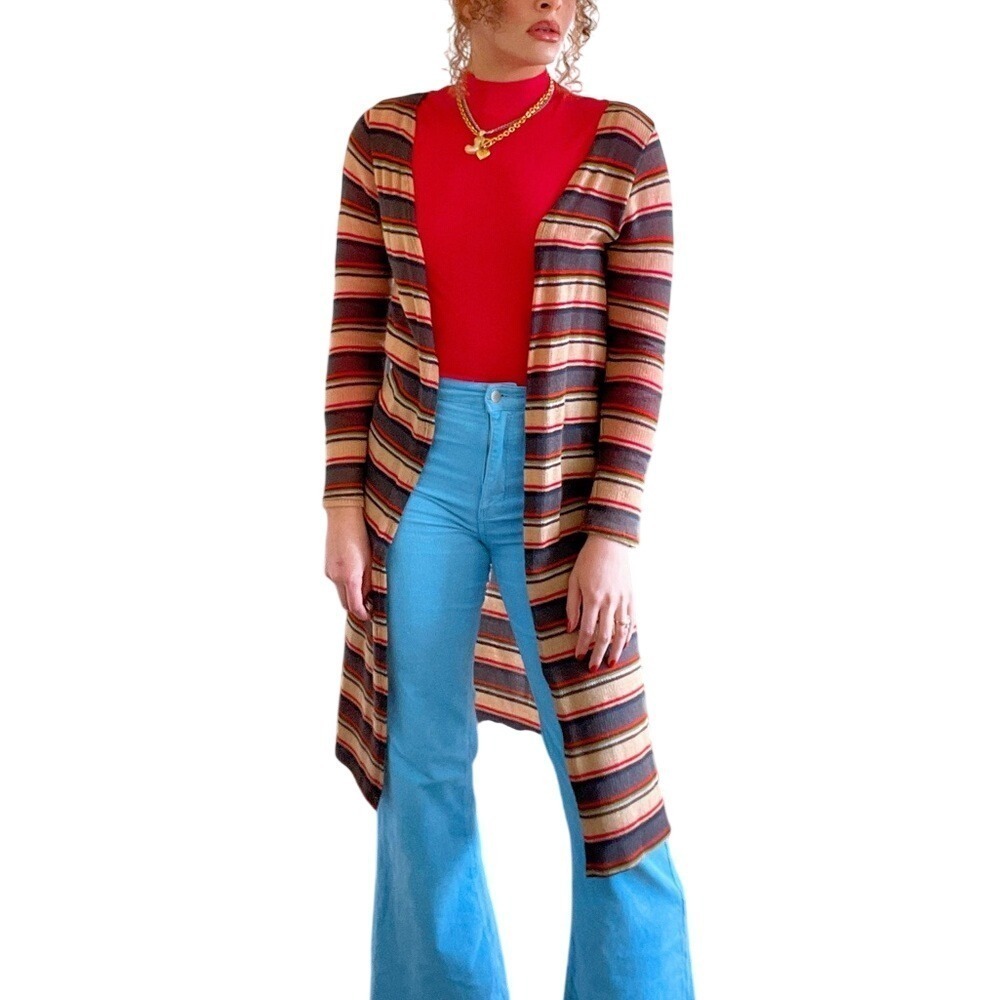 Vintage 00s Y2K Whimsigoth Autumn Multi Color Striped Knitted Long Cardigan